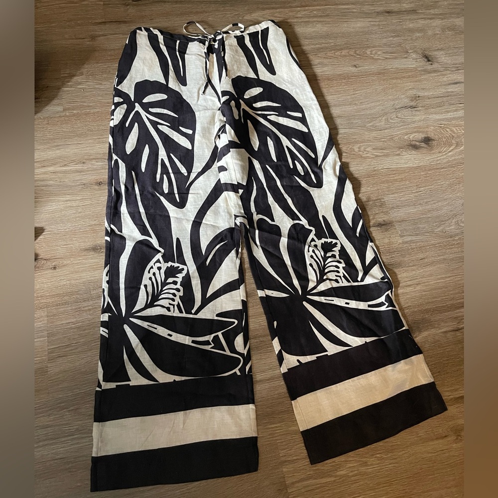 Magaschoni Linen Tropical Palm Print Wide-Leg Pants (Size M) — New Without Tags - Picture 3 of 8